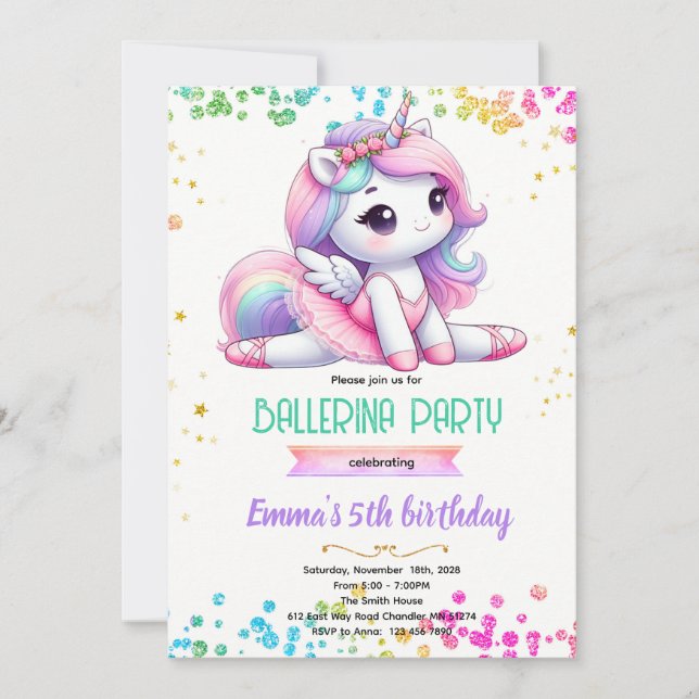 Invitación Unicorn ballerina party invitation (Anverso)