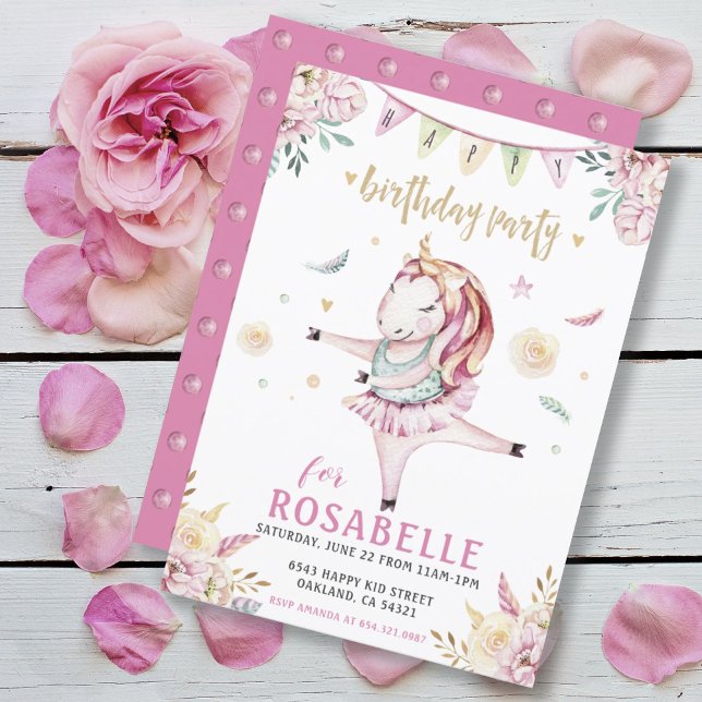 Invitación Unicorn Ballerina Pink Floral Birday Party (Subido por el creador)