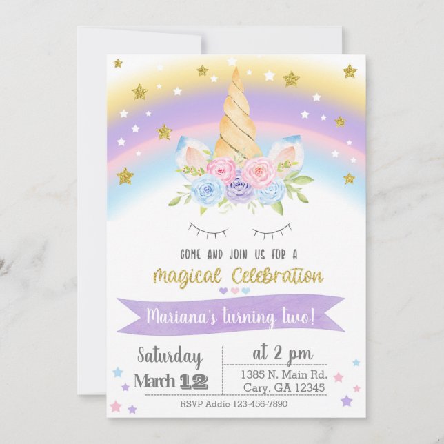 Invitación Unicorn birthday invitation, girl invit (Anverso)