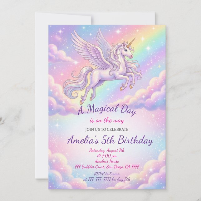 Invitación Unicorn Birthday Invitation Rainbow Unicorn Party (Anverso)