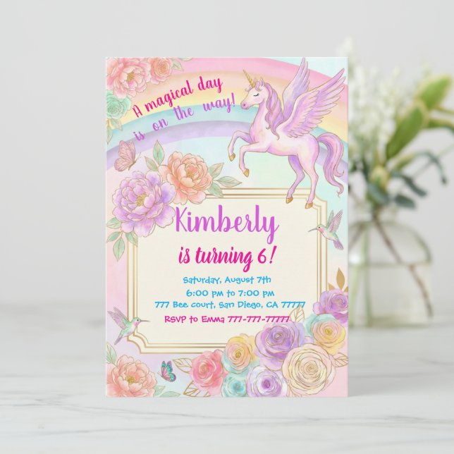 Invitación Unicorn Birthday Party Flowers Invitation (Anverso de pie)