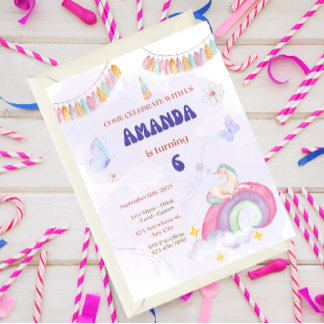Invitación Unicorn Birthday Party, Rainbow & Clouds for Kids