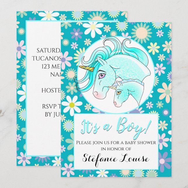 Invitación ¡Unicorn Blue Dapple It's a Boy! (Flores azules) (Anverso / Reverso)
