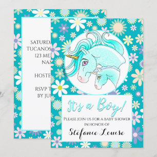 Invitación ¡Unicorn Blue Dapple It's a Boy! (Flores azules)