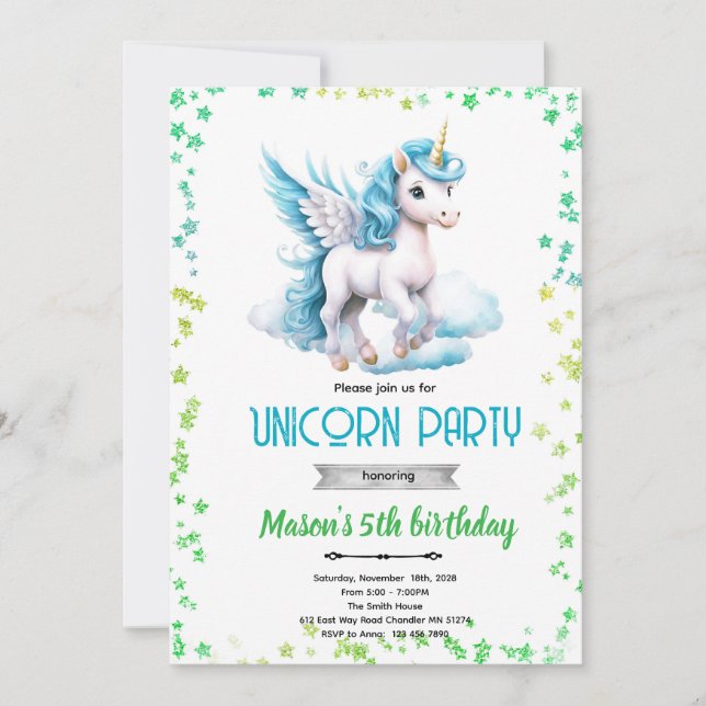 Invitación Unicorn boy birthday party invitation (Anverso)