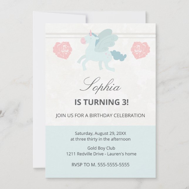 Invitación Unicorn Cute Pink Blue Birthday Party Invitation (Anverso)