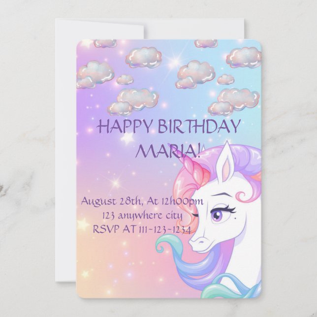 INVITACIÓN UNICORN DE CUMPLEAÑOS, DESCARGA DIGITAL (Anverso)