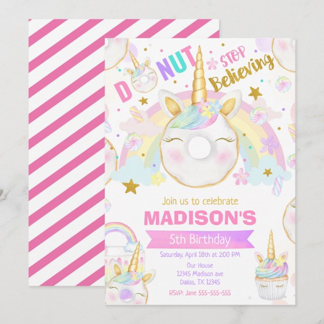 Invitación Unicorn Donut Girl Magical Sweet Birthday Party (Anverso / Reverso)