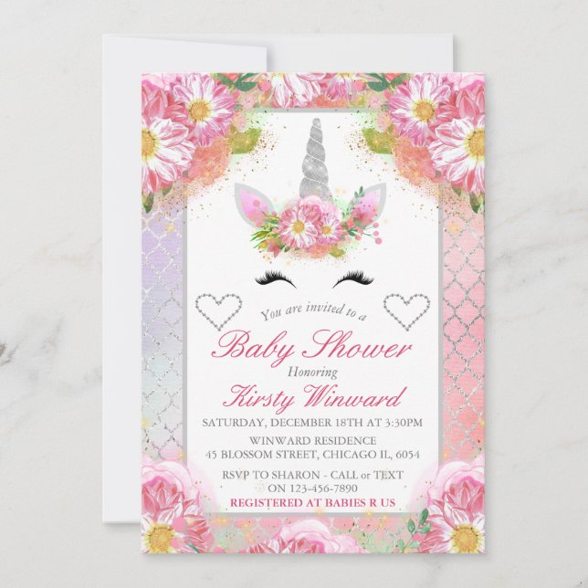 Invitación Unicorn Face Pink Silver Baby Shower (Anverso)