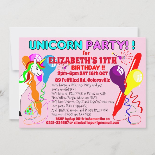 Invitación UNICORN fiesta de cumpleaños de unicorn (Anverso)