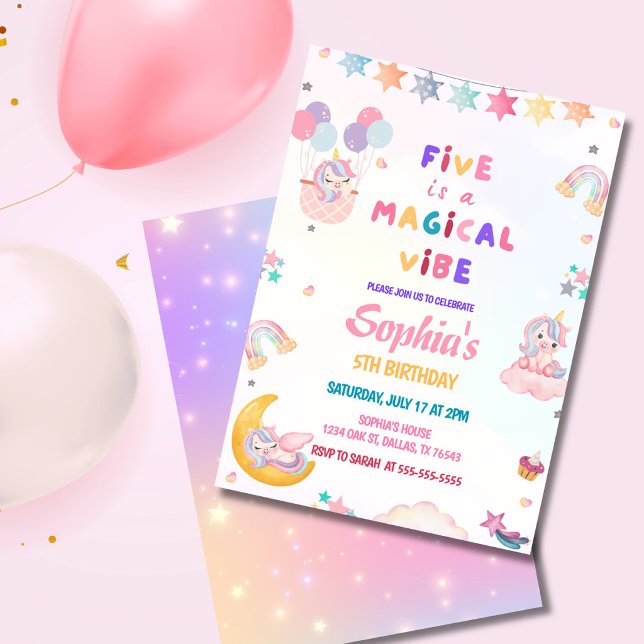 Invitación Unicorn Five Is a Magical Vibe  5º Cumpleaños  (.Five Is a Magical Vibe unicorn 5th birthday invitation with pastel rainbow theme.)