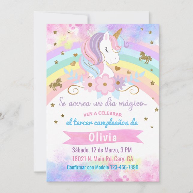Invitación Unicorn head birthday invitation, Spani (Anverso)