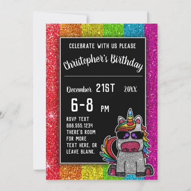 Invitación Unicorn LGBT+ Purpurina del partido de cumpleaños  (Reverso)