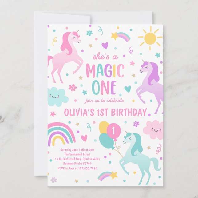 Invitación Unicorn Magic One Pastel Rainbow Primer cumpleaños (Anverso)