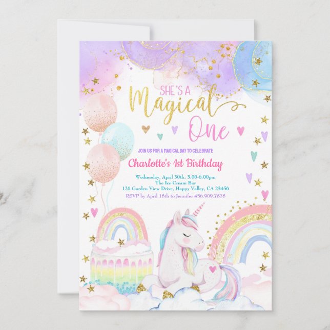 Invitación Unicorn Magical One Girl 1st Birthday Party Pastel (Anverso)