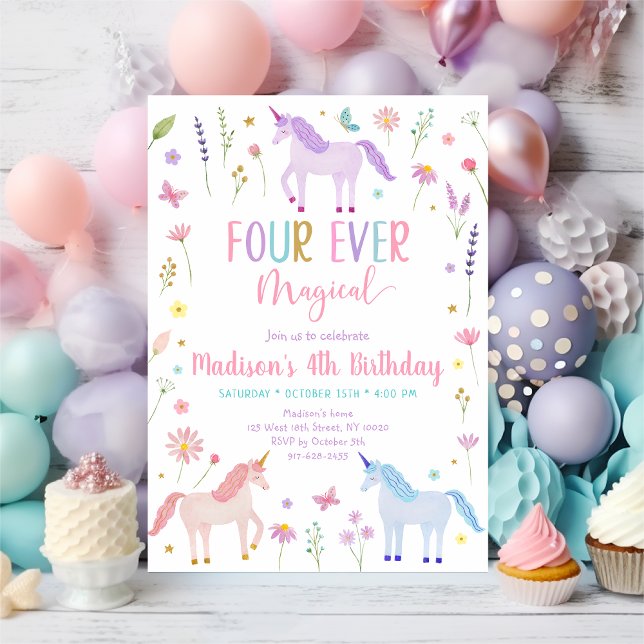 Invitación Unicorn Meadow Flor cuatro cumpleaños mágicos (Subido por el creador)