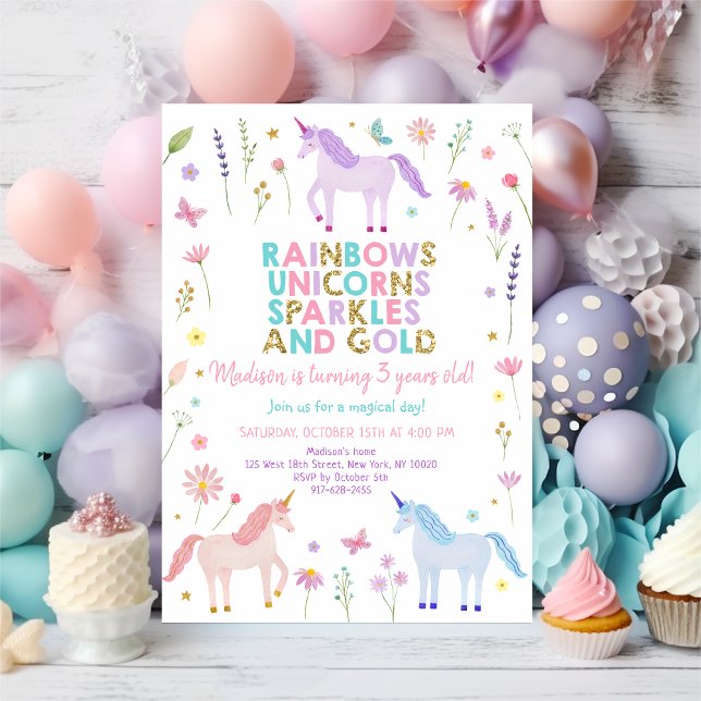 Invitación Unicorn Meadow Pastel Pink Gold Flowers Birthday (Subido por el creador)