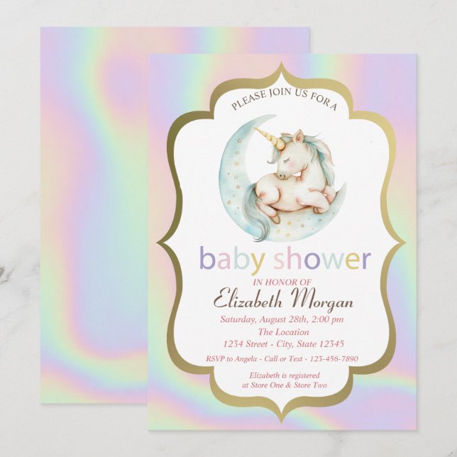 Invitación Unicorn, Moon Holographic Baby Shower (Anverso / Reverso)