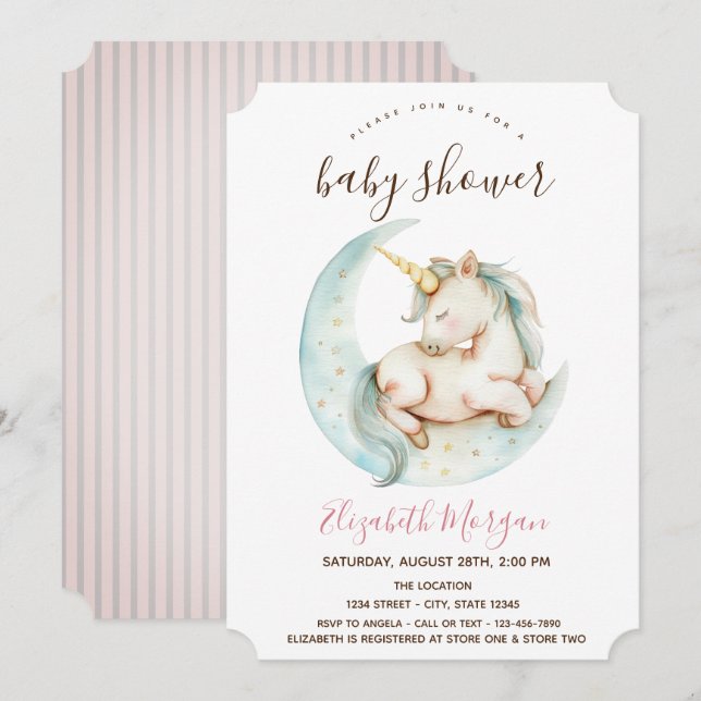 Invitación Unicorn Moon Pink Stripes Baby Shower (Anverso / Reverso)