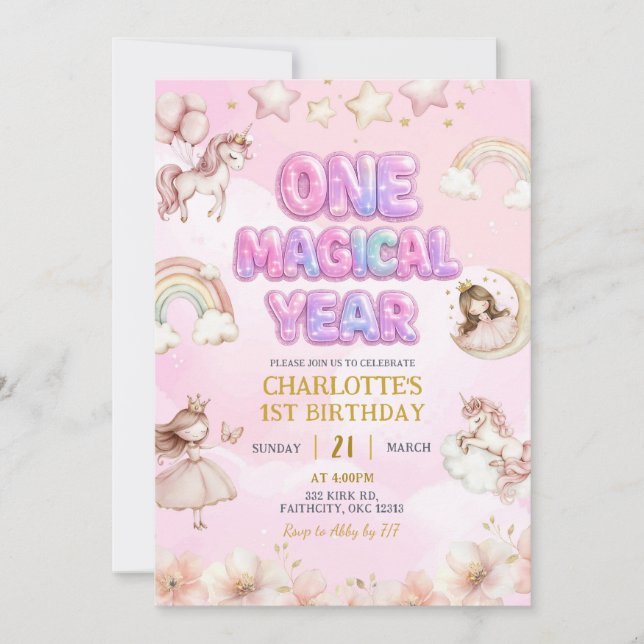 Invitación Unicorn One Magical year First Birthday (Anverso)