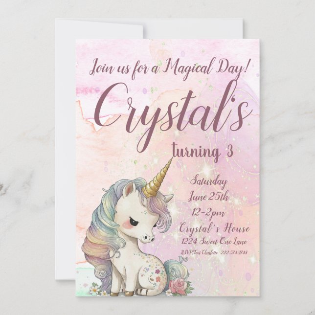 Invitación Unicorn Party, Unicorn 3rd Birthday            (Anverso)