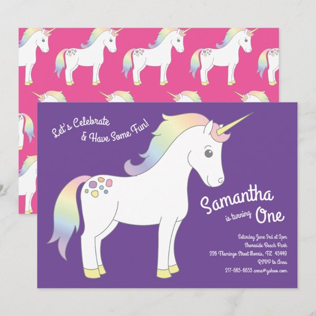 Invitación Unicorn Pastel Rainbow Primer Fiesta de cumpleaños (Anverso / Reverso)