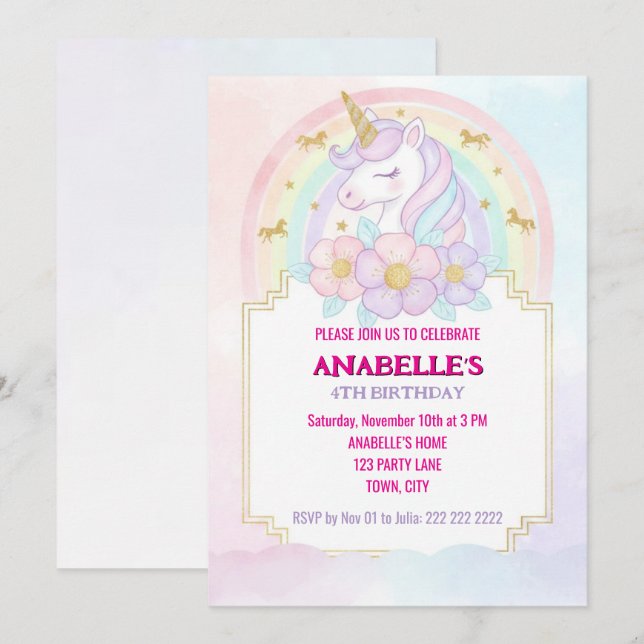 Invitación Unicorn Personalized Magical Birthday Invitation   (Anverso / Reverso)