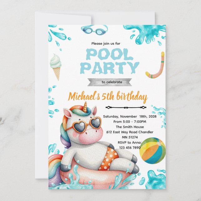Invitación Unicorn Pool Party Birthday Invitation (Anverso)