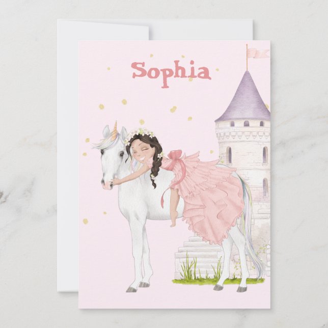 Invitación Unicorn Princess Age Dark Hair Birday (Reverso)