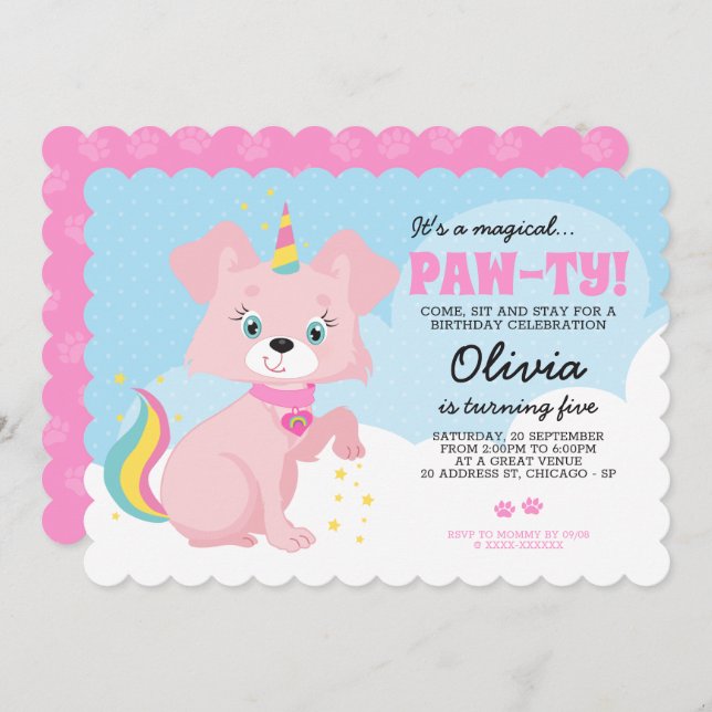 Invitación Unicorn Puppy - Cumpleaños de la Girona Unipuppy (Anverso / Reverso)