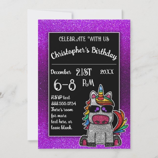 Invitación Unicorn Purpurina arcoiris del partido Purple Bird (Reverso)