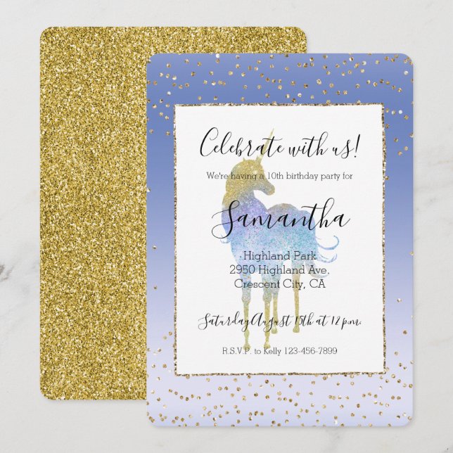 Invitación Unicorn Purpurina de oro de Purple Aqua (Anverso / Reverso)