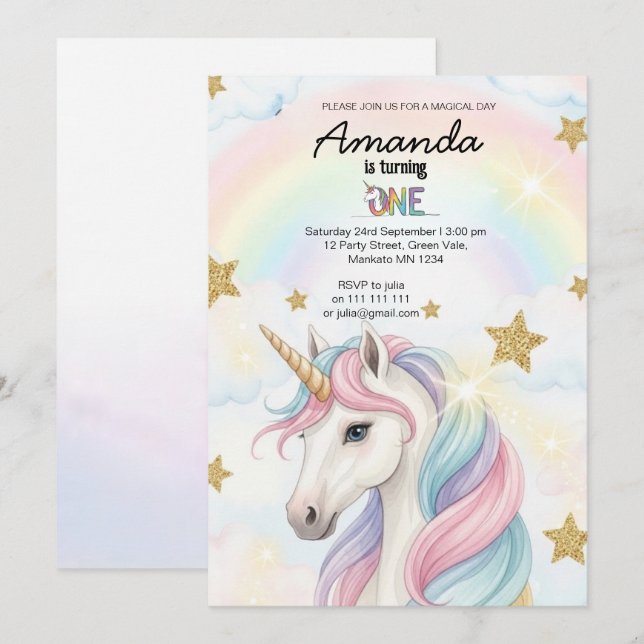 Invitación Unicorn Rainbow 1st Birthday Party Invitation (Anverso / Reverso)