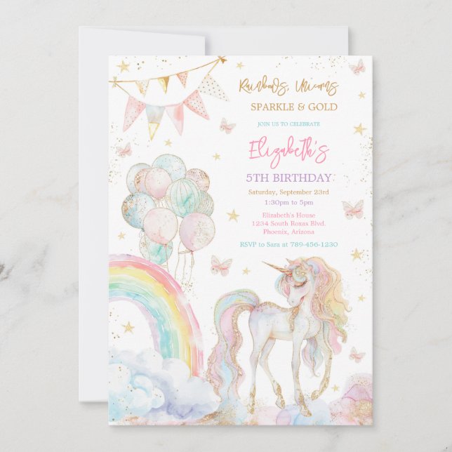 Invitación Unicorn Rainbow Gold Birthday Invitation (Anverso)