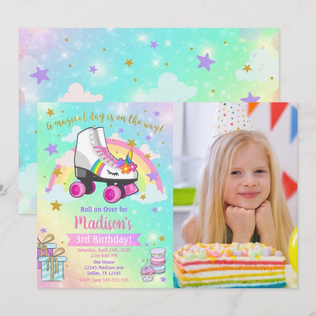 Invitación Unicorn Roller Skate Birthday Invitation (Anverso / Reverso)