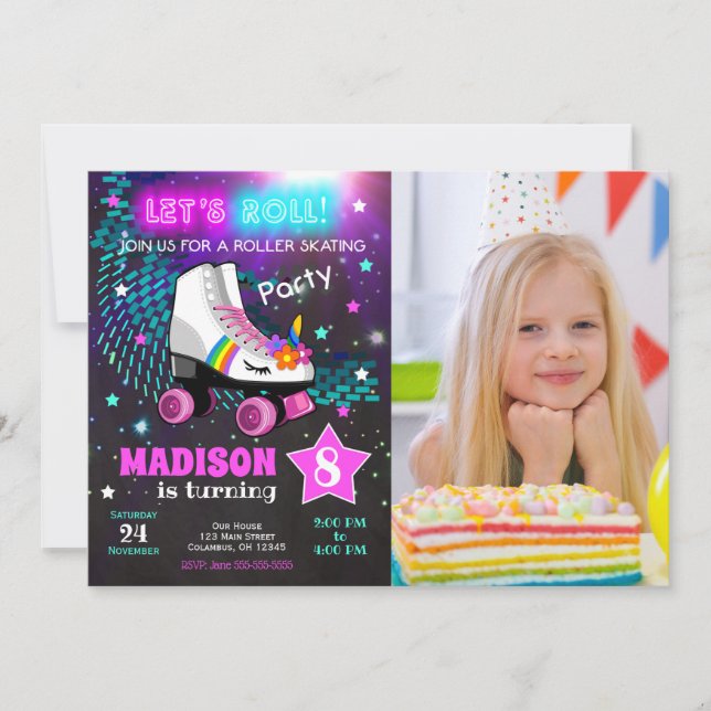 Invitación Unicorn Roller Skating Birthday Party Invitation (Anverso)