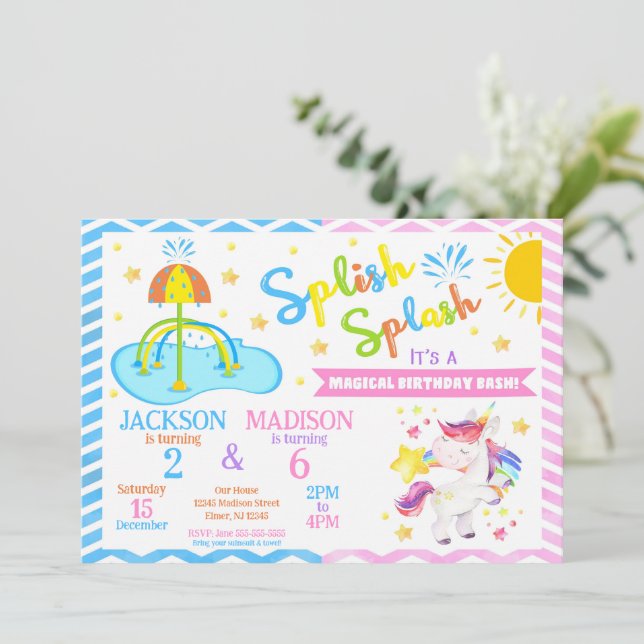 Invitación Unicorn & Splash Pad Joint Birthday | Water Park (Anverso de pie)