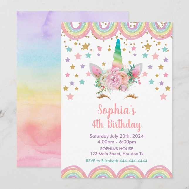 Invitación Unicorn stars rainbow Birthday Invitation (Anverso / Reverso)