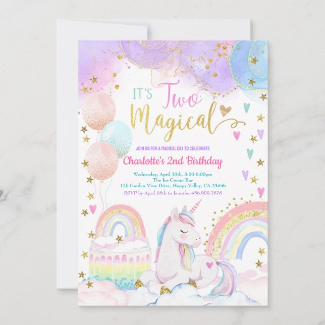 Invitación Unicorn Two Magical 2nd Birthday Party Pastel (Anverso)