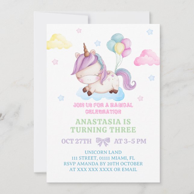 Invitación Unicornio 3.ª Fiesta Mágica de cumpleaños (Anverso)