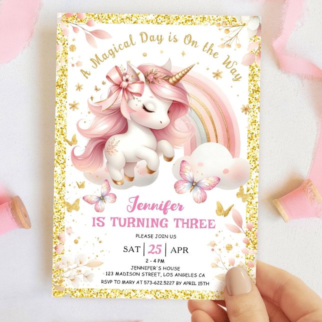 Invitación Unicornio 3 Fiestas Chica Rubor Pink & Gold (Subido por el creador)