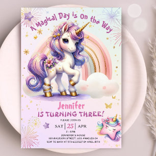 Invitación Unicornio 3er cumpleaños Chica Purple Gold Rainbow