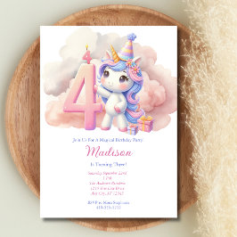 Invitación Unicornio 4.ª Chica Púrpura Azul Rosa Cumpleaños