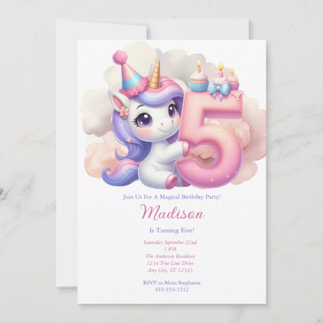 Invitación Unicornio 5.º cumpleaños Chica Púrpura Azul Rosa (Anverso)