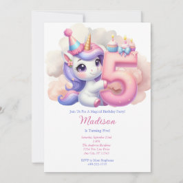 Invitación Unicornio 5.º cumpleaños Chica Púrpura Azul Rosa