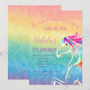 Invitación Unicornio 5 Chica de cumpleaños 5 mágico rosa quin