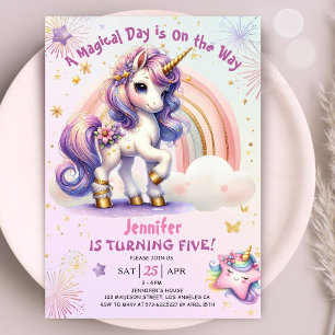 Invitación Unicornio 5 Chica de cumpleaños Arcoiris púrpura