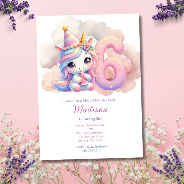 Invitación Unicornio 6.ª Chica Púrpura Azul Rosa (Unicorn 6th Sixth Birthday Party Invitation for Girl. Digital Download or Printed)