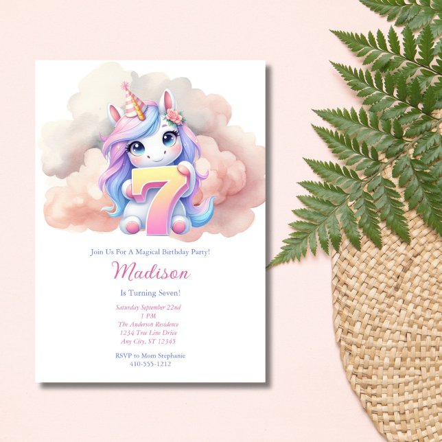 Invitación Unicornio 7.ª Chica Púrpura Azul Rosa Cumpleaños (Girls Unicorn 7th Birthday invitation. Printed or Digital Download. Watercolor Pink Blue Purple)
