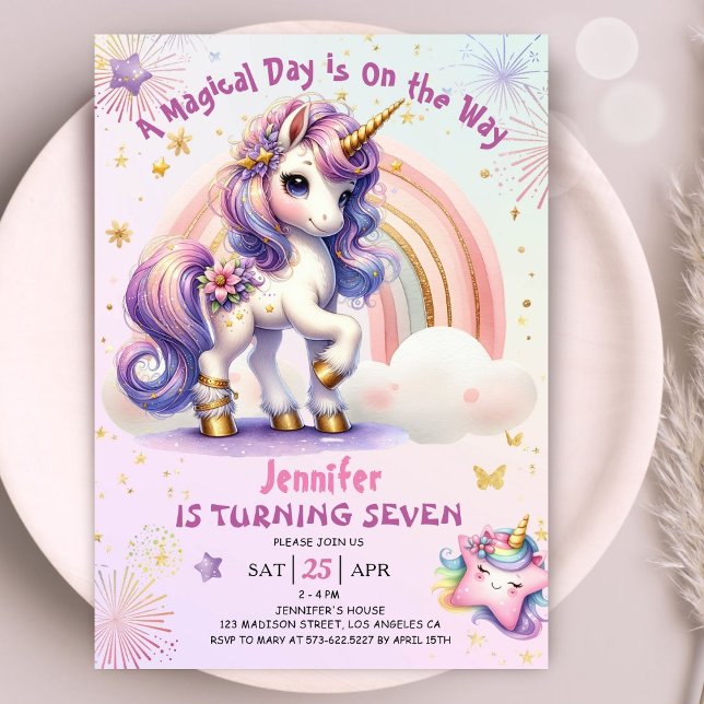 Invitación Unicornio 7 Chica de cumpleaños Purple Gold Rainbo (#UnicornBirthdayInvitation #UnicornBirthdayInvitationTemplate #UnicornBirthdayInvitationEditable )